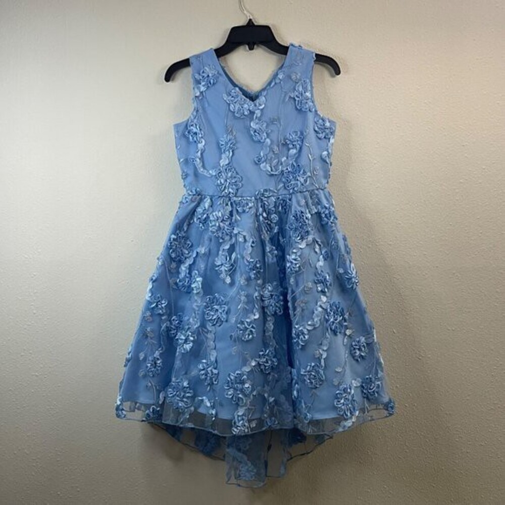 Rare Editions Big Girls Floral Soutache Hi-Low Social Dress - Blue, Size 16